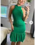 High Neck Pleated Metallic Bodycon Dress Knee Length In Green
