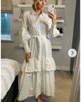 Puff sleeve shirt dress with tiered hem skirt in white