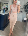 Wrap deigned sleeveless vest top and midi skirt co-ords suits in beige