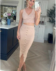 Wrap deigned sleeveless vest top and midi skirt co-ords suits in beige
