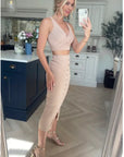Wrap deigned sleeveless vest top and midi skirt co-ords suits in beige