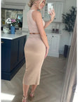 Wrap deigned sleeveless vest top and midi skirt co-ords suits in beige