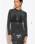 Long Sleeves Diamond Sequin short Dress in Black