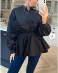 Ruffle design around chest and hem cotton shirt in black
