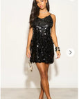 Circle Disc Sequin Strappy Short Dress in Black