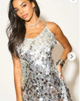 Circle Disc Sequin Strappy Short Dress in Sliver