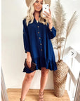 Long Sleeve Oversized Linen Shirt Dress in Blue