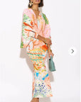 Leaves and Floral Scarf Pirnt Pleated Dress in Kimono sleeves in pink