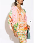 Leaves and Floral Scarf Pirnt Pleated Dress in Kimono sleeves in pink