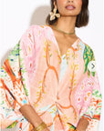 Leaves and Floral Scarf Pirnt Pleated Dress in Kimono sleeves in pink