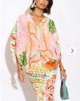 Leaves and Floral Scarf Pirnt Pleated Dress in Kimono sleeves in pink