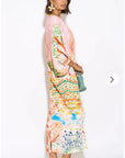 Leaves and Floral Scarf Pirnt Pleated Dress in Kimono sleeves in pink