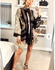 Black and Gold Scarf Print Mini Shirt Dress