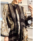 Black and Gold Scarf Print Mini Shirt Dress