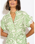 Multi Leaves' print Cotton Linen shirt dress short sleeves in Green