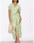 Multi Leaves' print Cotton Linen shirt dress short sleeves in Green
