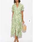 Multi Leaves' print Cotton Linen shirt dress short sleeves in Green