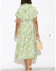 Multi Leaves' print Cotton Linen shirt dress short sleeves in Green