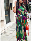 Aztec Print Pleated Dress in asymmetric sleeves design in Green
