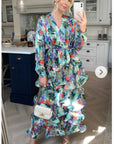 Floral Print Ruffle Multi Layer Hem design maxi long Dress in blue