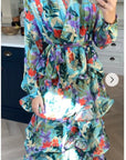 Floral Print Ruffle Multi Layer Hem design maxi long Dress in blue