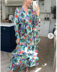 Floral Print Ruffle Multi Layer Hem design maxi long Dress in blue