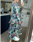 Floral Print Ruffle Multi Layer Hem design maxi long Dress in blue
