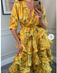 Floral Print Ruffle Multi Layer Hem Design Dress In Yellow