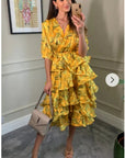 Floral Print Ruffle Multi Layer Hem Design Dress In Yellow