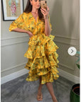Floral Print Ruffle Multi Layer Hem Design Dress In Yellow
