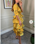 Floral Print Ruffle Multi Layer Hem Design Dress In Yellow