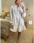 White color Oversized shirt dress in pop pattern fabric in ruffle hem design