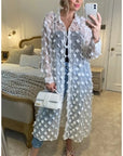Oversized long shirt dress with floral embellished design in White