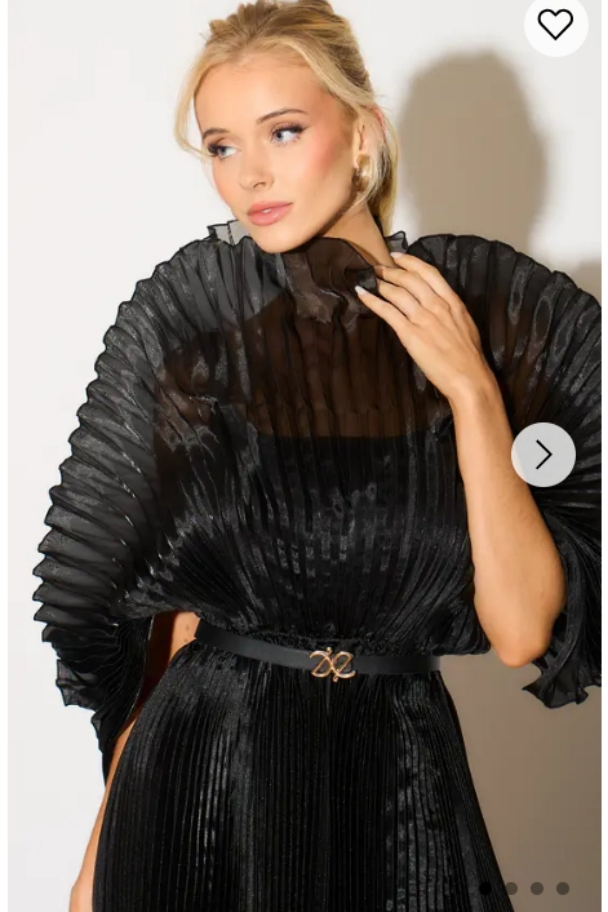 Pleated long dress with organza pleated cape sleeves
