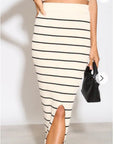 Knitted stripe print vest top and midi skirt co-ords set in beige