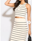 Knitted stripe print vest top and midi skirt co-ords set in beige