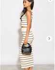 Knitted stripe print vest top and midi skirt co-ords set in beige