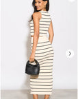 Knitted stripe print vest top and midi skirt co-ords set in beige