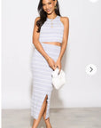 Knitted stripe print vest top and midi skirt co-ords set in grey