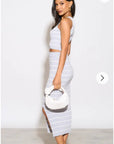 Knitted stripe print vest top and midi skirt co-ords set in grey