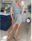 Short Sleeve V Neck Mini Dress in Grey and White Stripe
