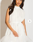 Stand collar shift dress with heavily gathered tiered mesh frills shirt hem design