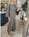Full Length Pleated maxi dress with cap sleeves in Moka