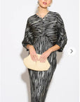 Metallic Print Pleated Dress in Kimono sleeves in Sliver