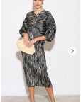 Metallic Print Pleated Dress in Kimono sleeves in Sliver