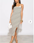 Knitted stripe print with straps design midi bodycon dress in cream