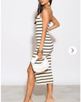 Knitted stripe print with straps design midi bodycon dress in cream