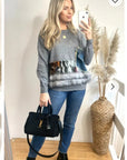 Multi color faux fur hem with denim pockets design jumper