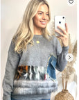 Multi color faux fur hem with denim pockets design jumper
