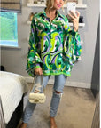 Oversized Long Sleeve Shirt in Green Blue Paisley Scarf print